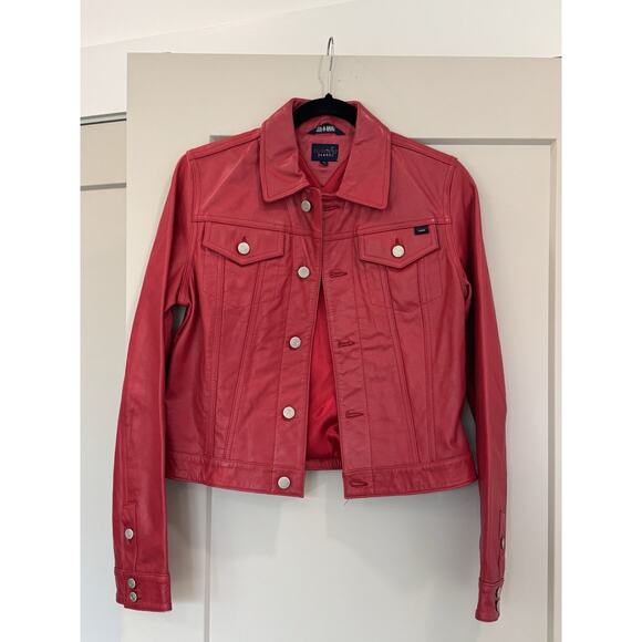 Vintage Tommy Hilfiger Jeans Red Leather Jacket Women’s Medium Bomber - Picture 1 of 13